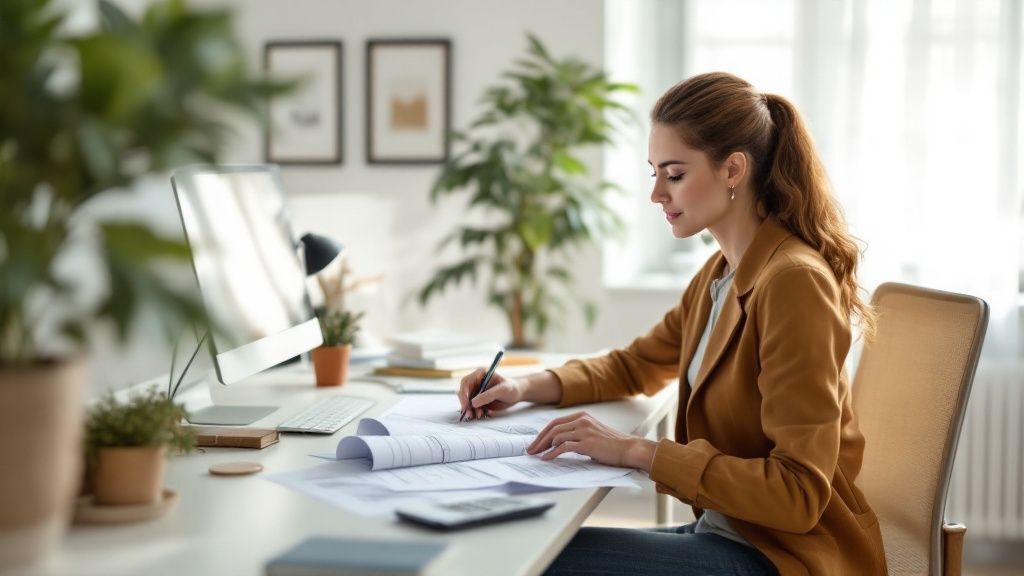 Woman looking over plans