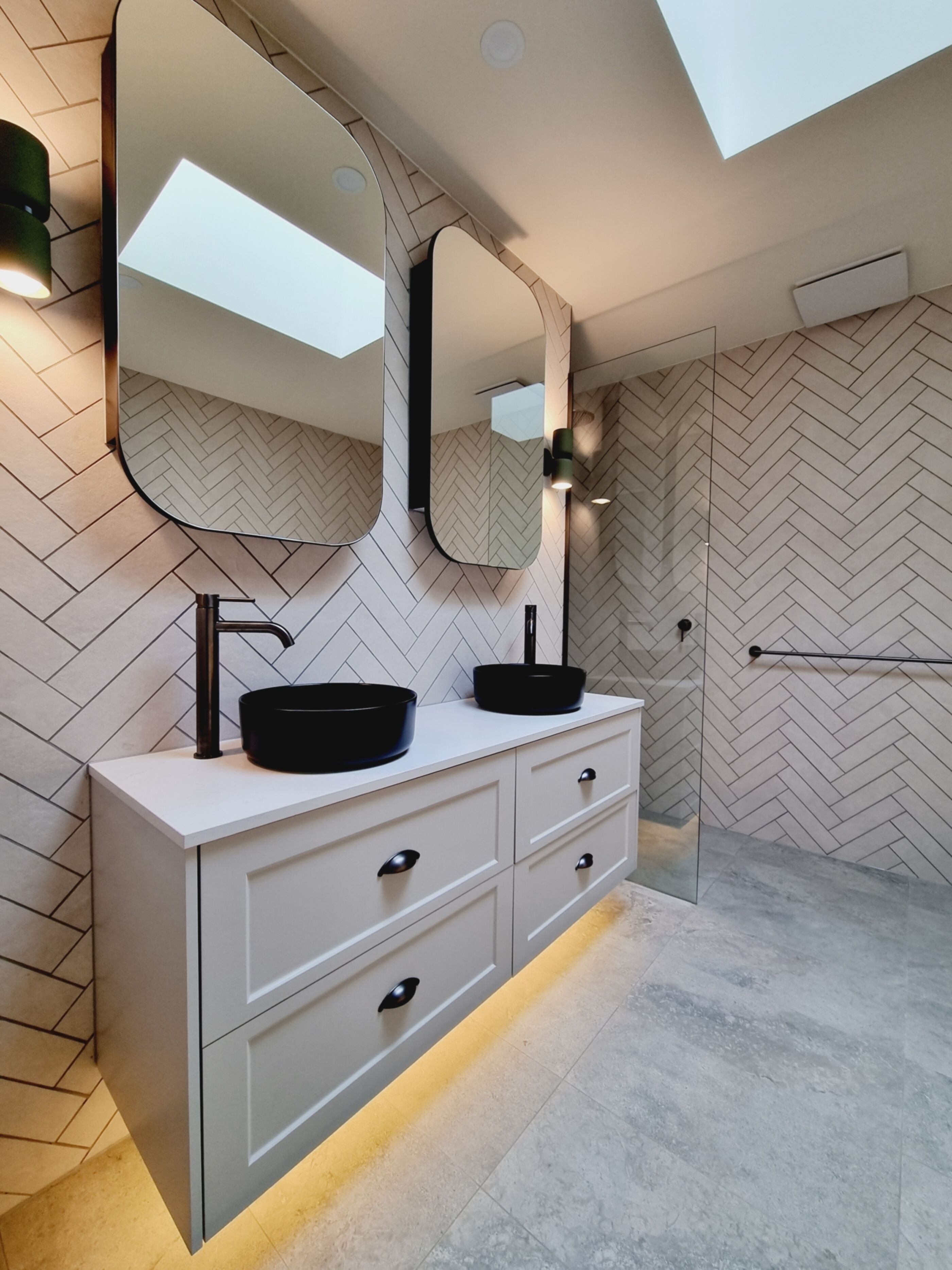 Floating vanity and mirror cabinets