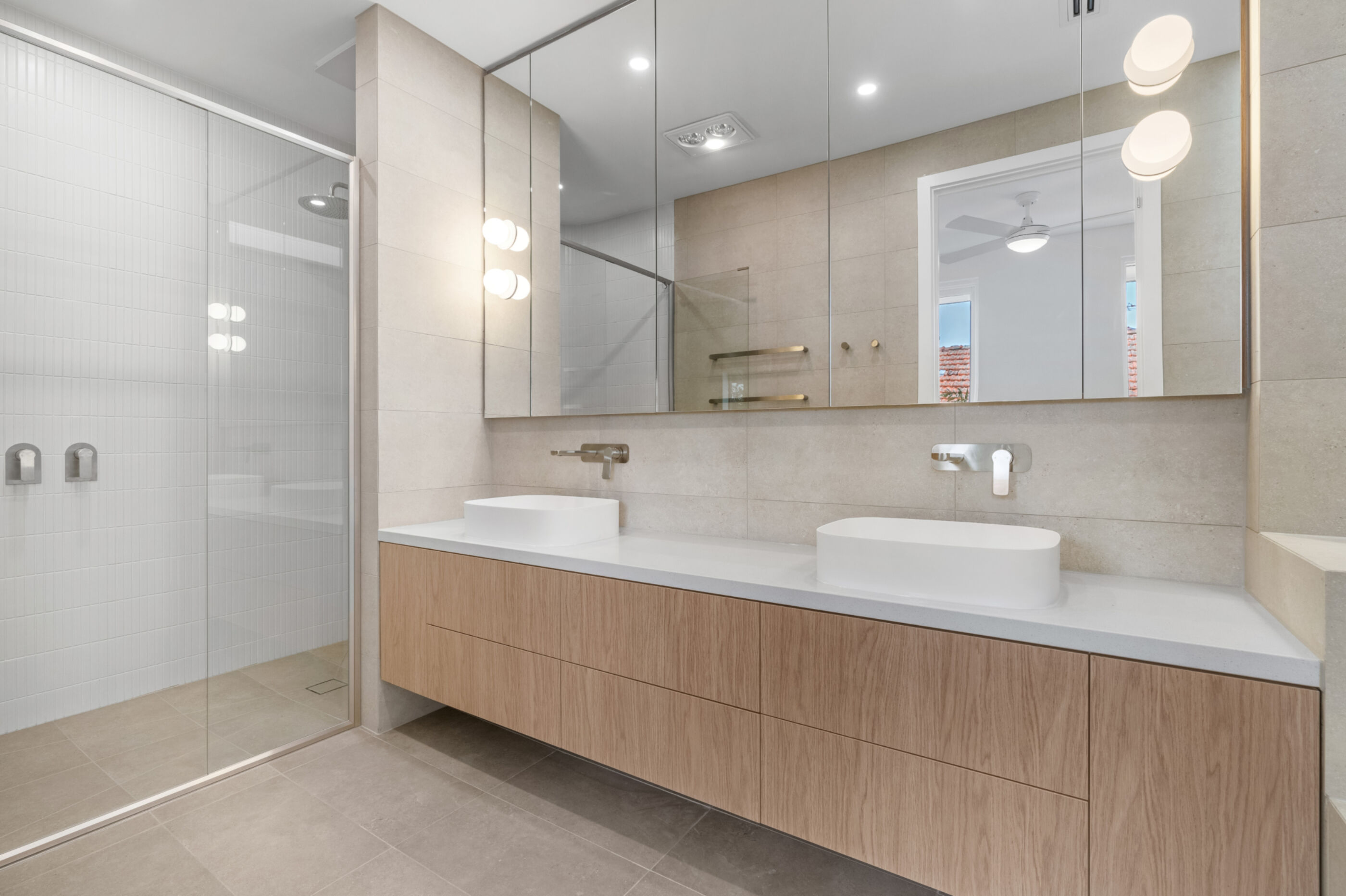 Floating double vanity and mirror cabinets