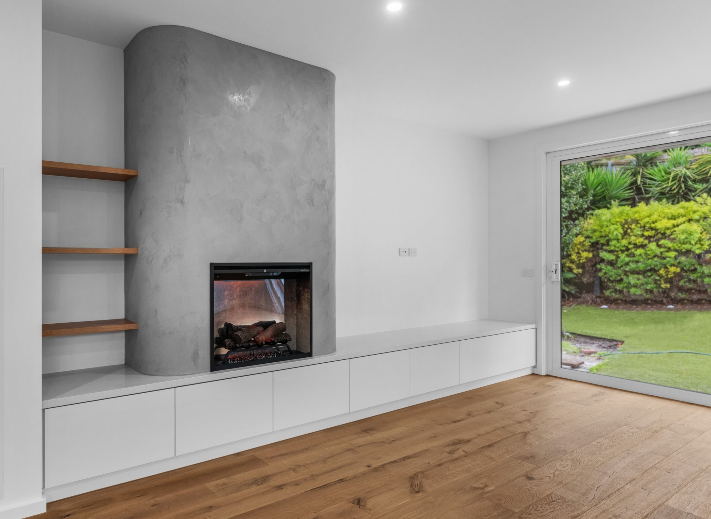 Modern fireplace with venetian plaster