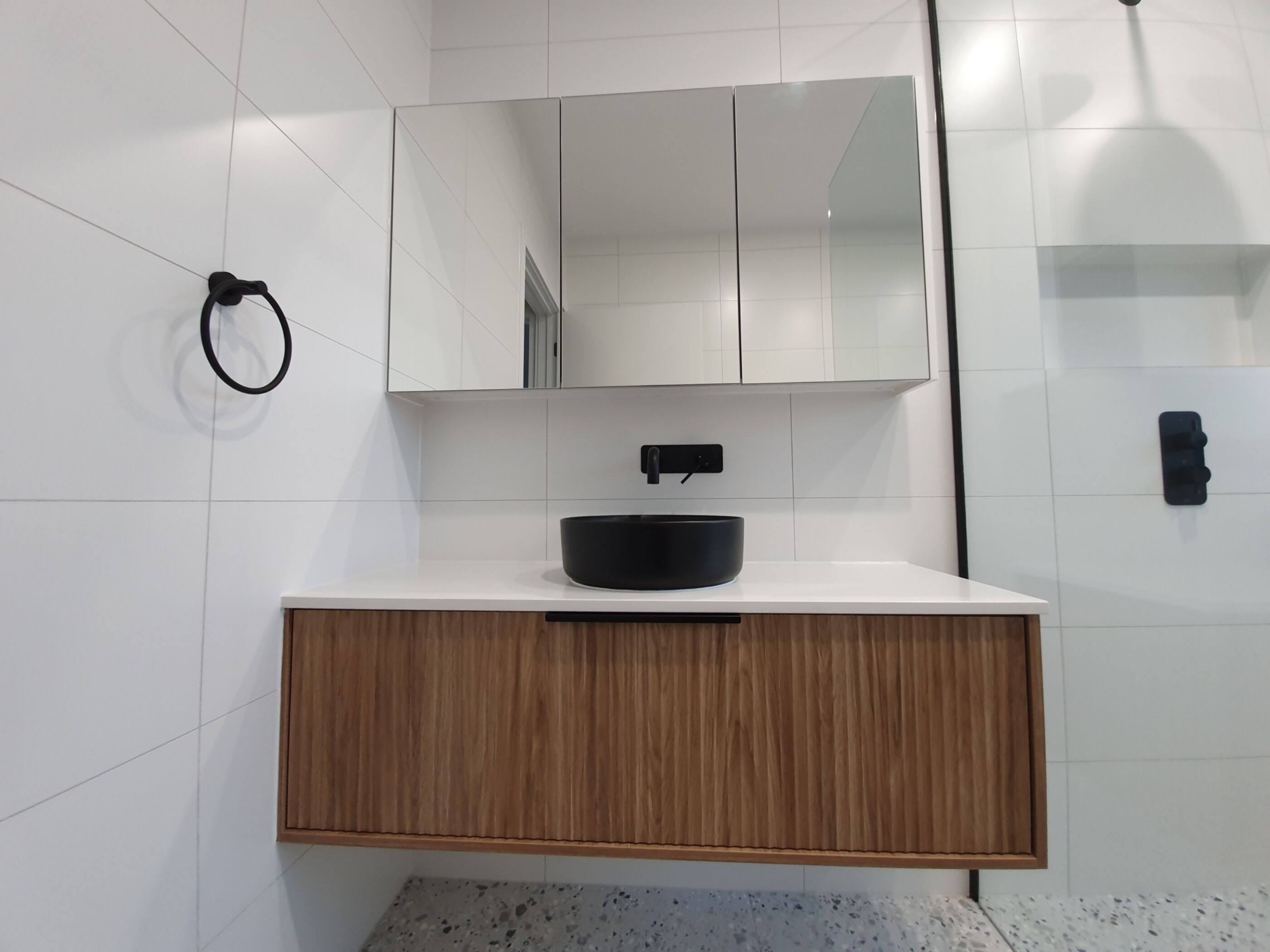 Floating vanity and mirror cabinet