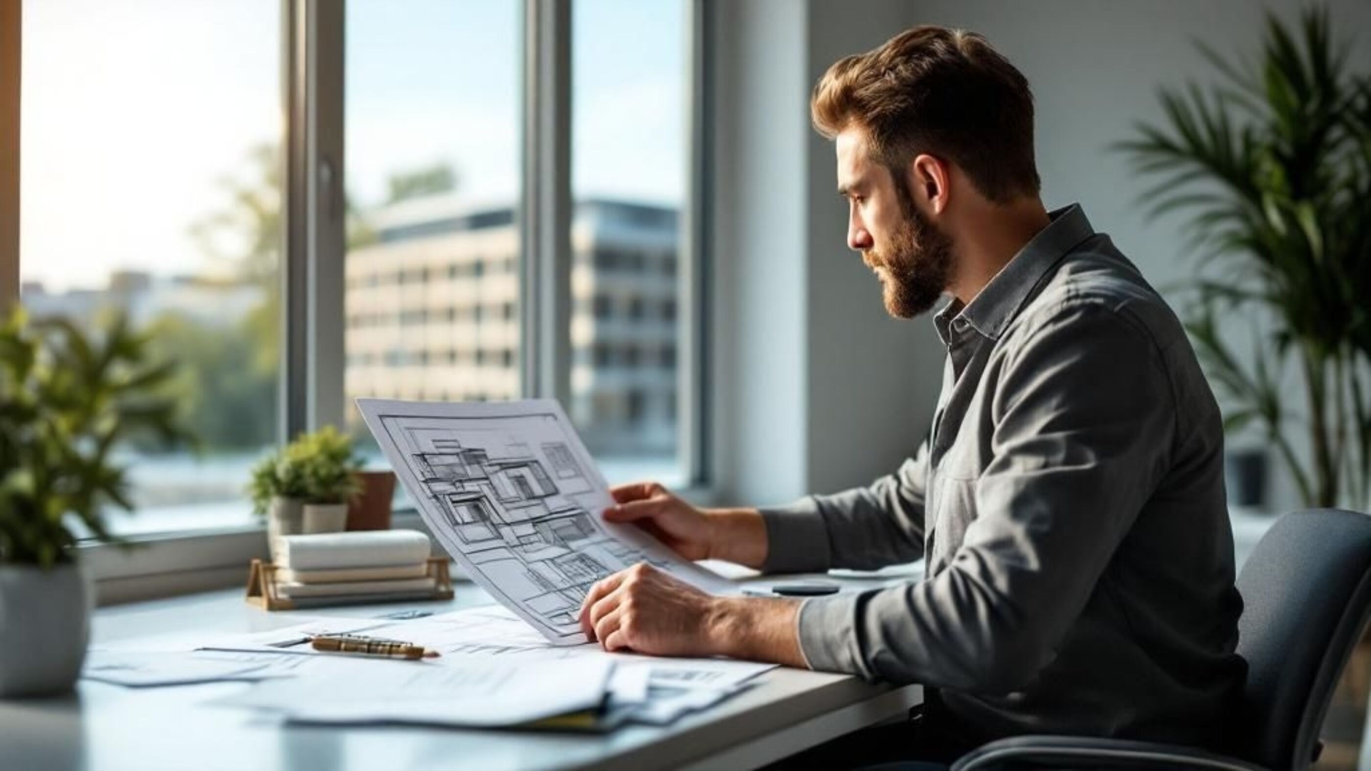 Man looking at plans in office