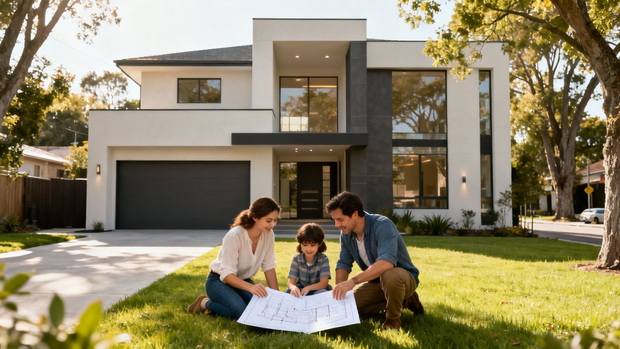 Family looking at plans
